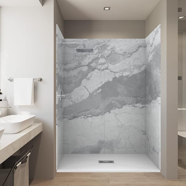 CASTICO Italian Ice 32 in. x 60 in. x 84 in. Solid Composite Stone Alcove Shower Kit with Walls and White Pan Base Center Drain