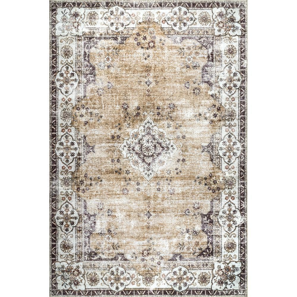 Elegant Light Pink Medallion 4' x 6' Washable Synthetic Rug