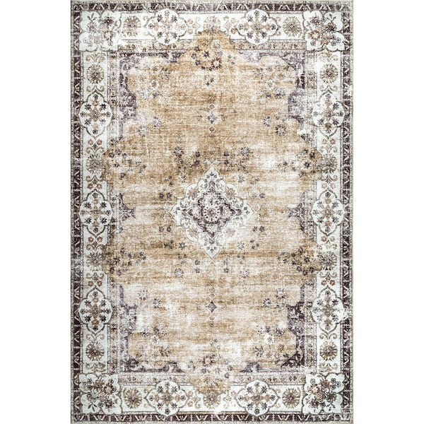nuLOOM Paisley Machine Washable Light Pink 4 ft. x 6 ft. Faded Floral Border Medallion Indoor Area Rug