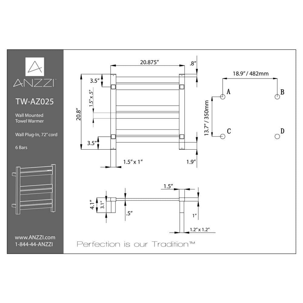 Brushed Nickel Wall Mounted 6-Bar Electric Towel Warmer