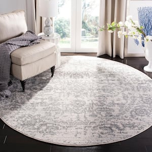 Madison Silver/Ivory 12 ft. x 12 ft. Geometric Border Floral Medallion Round Area Rug