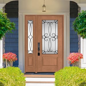 Regency 51 in. x 80 in. 3/4-Lite Georgian Decorative Glass LHOS Autumn Mahogany Fiberglass Prehung Front Door 12 in. SL