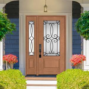 Regency 53 in. x 80 in. 3/4-Lite Georgian Decorative Glass LHOS Autumn Mahogany Fiberglass Prehung Front Door 14 in. SL