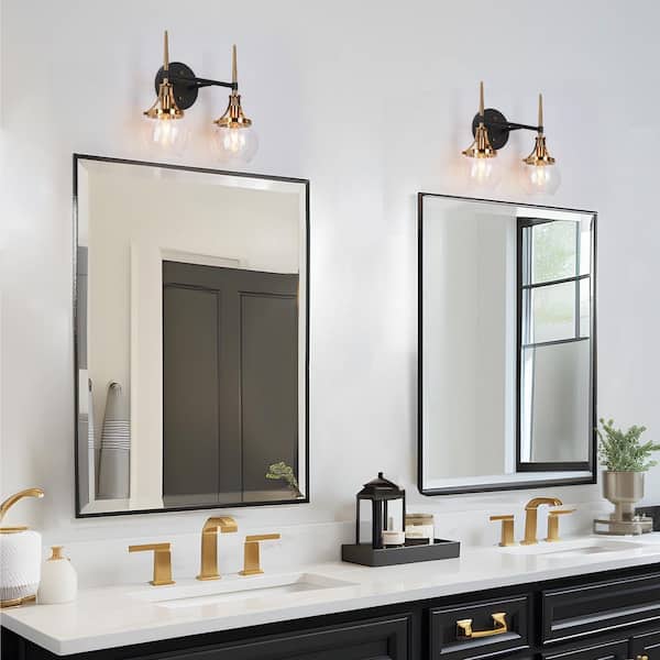 Capensis Mid-Century Modern 13.8 in. 2-Light Brass and Black Vanity Light with Clear Globe Glass Shade