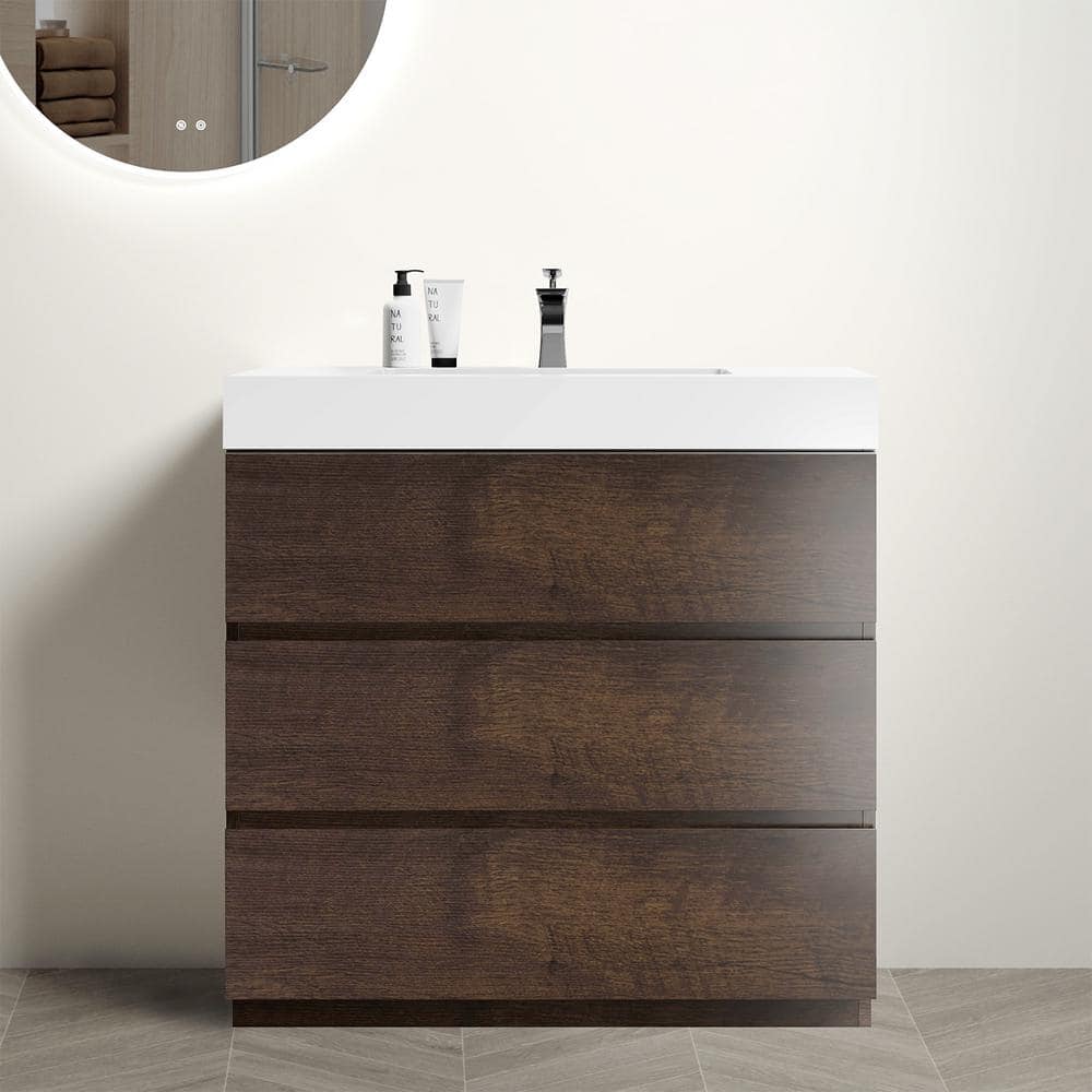 NOBLE 36 in. W x 18 in. D x 37 in. H Single Sink Freestanding Bath Vanity in Wood with White Solid Surface Integral Top -  INSTER, HDBHU027A36F