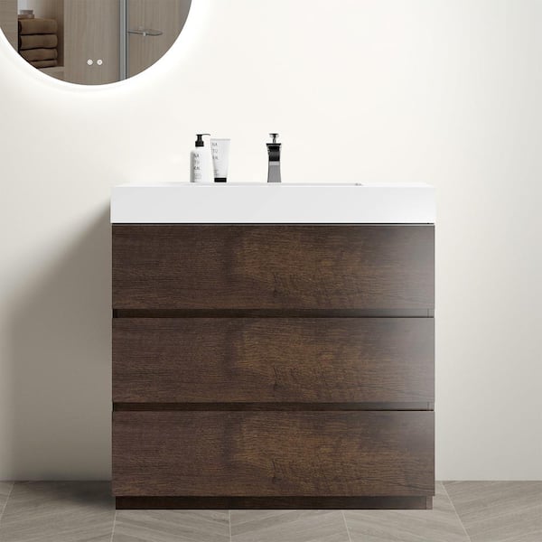 NOBLE 36 in. W x 18 in. D x 37 in. H Single Sink Freestanding Bath Vanity in Wood with White Solid Surface Integral Top