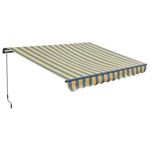Aoodor 12 ft. x 8 ft. Metal Manual Patio Retractable Awnings 98.42 in. Projection in Yellow/Gray Striped