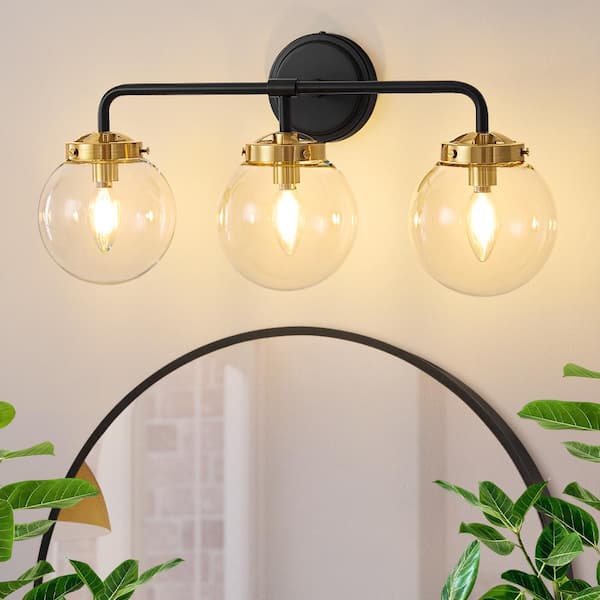 Deyidn Modern 22.44 in. 3-Light Black and Gold Bathroom Vanity Light Interior Powder Room with Clear Globe Glass Shades