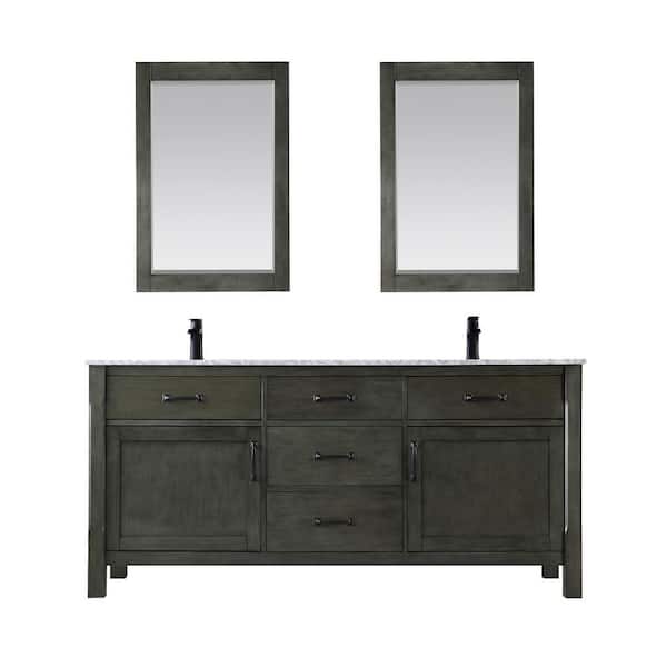 Altair Maribella 72 in. Double Bathroom Vanity Set in Rust Black and Carrara White Marble Countertop with Mirror