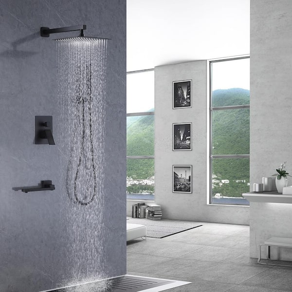 Single-Handle 3-Spray Square High Pressure Tub and Shower Faucet in Matte Black (Valve Included)