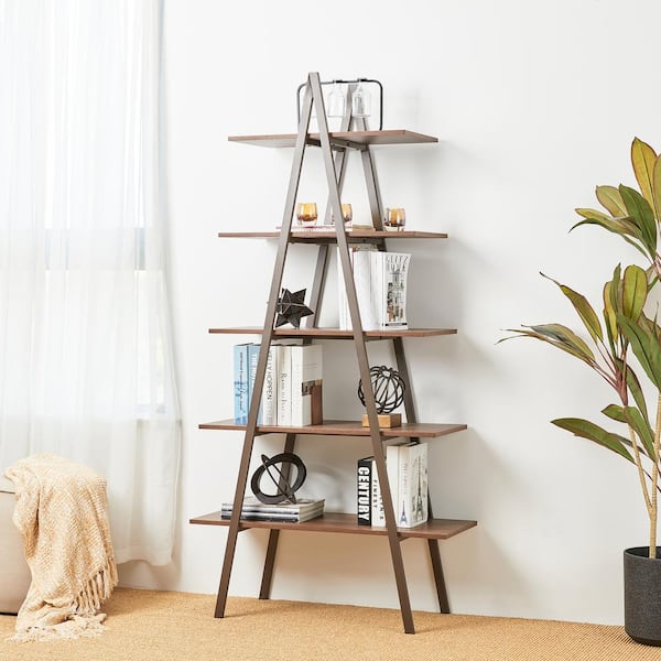 Glitzhome 72 in. H Brown Modern Industry Metal/Wooden 5-Shelf "A" Frame Ladder Bookcases - Walnut Melamine