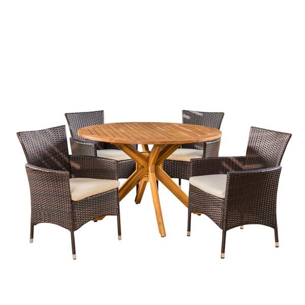 Noble House Annabella 5 Piece Wood And Wicker Circular Outdoor Dining Set With Beige Cushion 41631 The Home Depot - Circular Patio Furniture Cushions