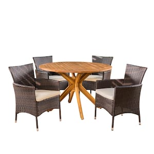 Annabella 5-Piece Wood and Faux Rattan Circular Outdoor Dining Set with Beige Cushion