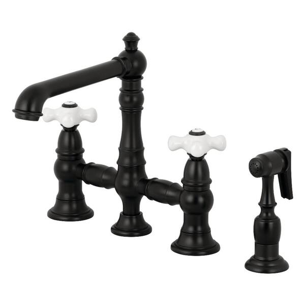 Kingston Brass English Country 2-Handle Bridge Kitchen Faucet with Side Sprayer in Matte Black