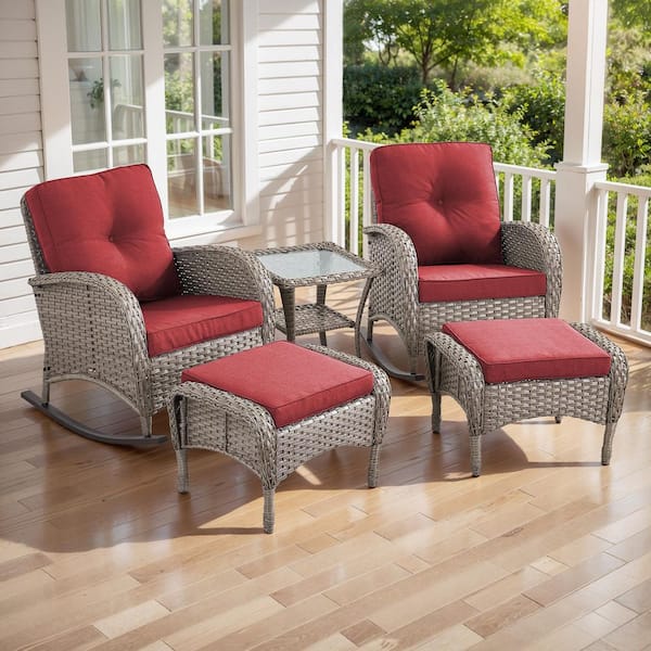 PlainCurve 5-Piece Gray Wicker Patio Conversation Set with Rocking Chairs and  Olefin Red Cushions