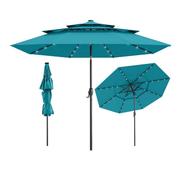 10 ft. Steel Market Solar Patio Umbrella with 32 LED Lights 3-Tier Vented Top in Turquoise