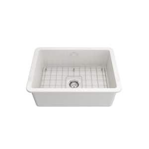 White Fireclay 27 in. Single Bowl Drop-In/Undermount Kitchen Sink with Faucet and Accessories