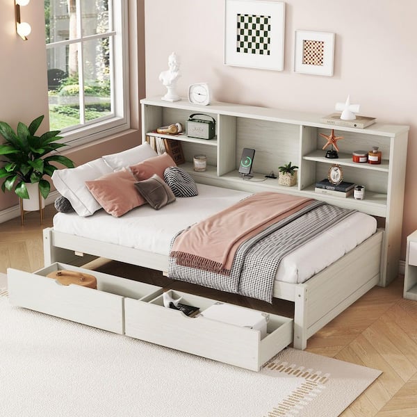 Creamy White Twin Size Daybed with Side Bookshelves and Built-in USB Port