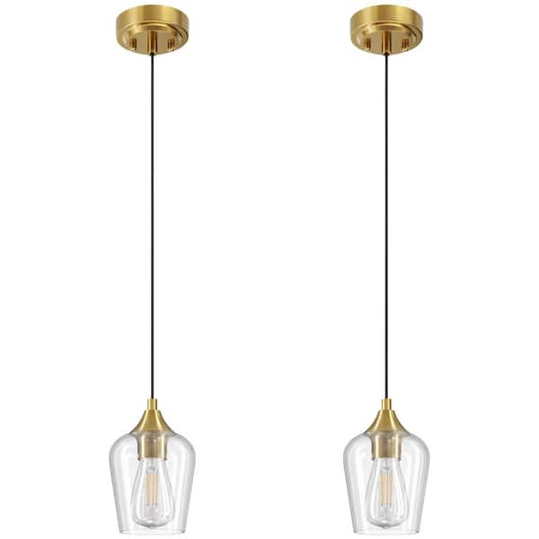 Merra 60-Watt 1-Light Brushed Gold Mini Pendant Light with Clear Glass Shade and Adjustable Height, 2-Packs