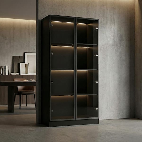 Black Wood Display Cabinet With Tempered Glass Doors and 3-Color LED Lights