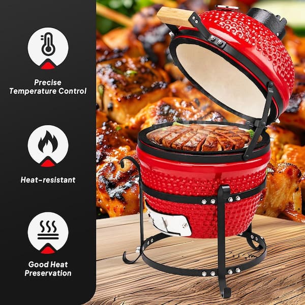 Karl home 13 in. Kamado Ceramic Charcoal Grill in Red with Grill