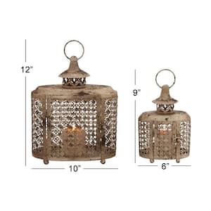 Beige Metal Decorative Candle Lantern with Intricate Scroll Work (Set of 2)