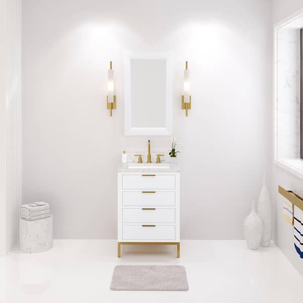 Water Creation Bristol 24 in. W x 21.5 in. D Vanity in Pure White with Marble Top in White with White Basin and Grooseneck Faucet