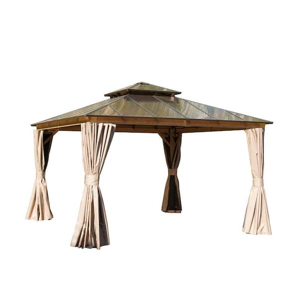Sudzendf 12 ft. x 12 ft. WoodBrown Aluminum Permanent Hardtop Gazebo with Polycarbonate Double Roof Pavilion with Curtain and Net