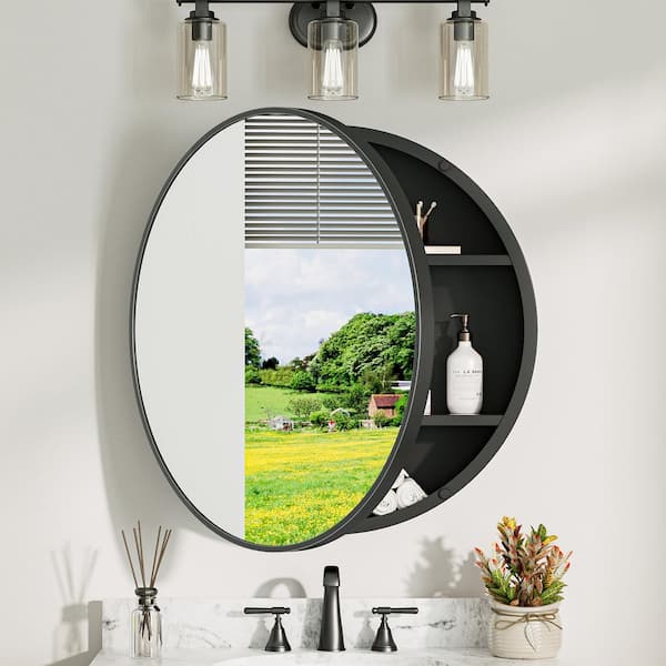 30 in. W x 30 in. H Round Black Metal Framed Surface Mount Medicine Cabinet with Mirror