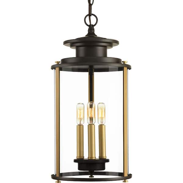 Progress Lighting Squire Collection 3-Light Antique Bronze Clear Glass New Traditional Outdoor Hanging Lantern Light