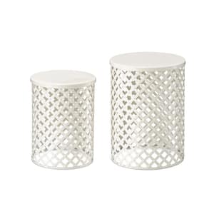 Multi-functional Metal White Garden Stool or Planter Stand or Accent Table or Side Table (Set of 2)