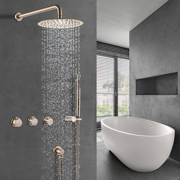 Modern Wall Mounted Brass Rainfall Shower Head System Round Fixed Shower  Head Home Bathroom Luxury Rain Mixer Shower Set with High Pressure, Gold