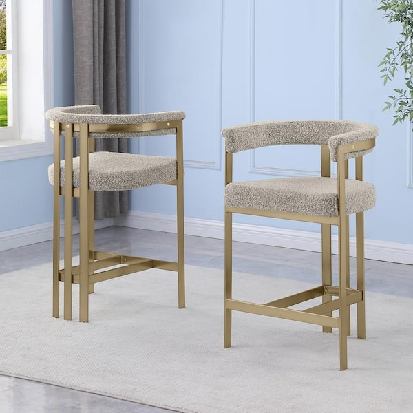 Riley 39 in. H Grey Color Low Back Metal Frame Matte Brushed Gold Chrome Base Bar Stool with Boucle Fabric (Set of 1)
