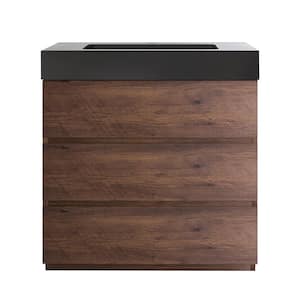 36 in. W x 18 in. D x 37 in. H Freestanding Bath Vanity in Walnut with Black Solid Surface Top