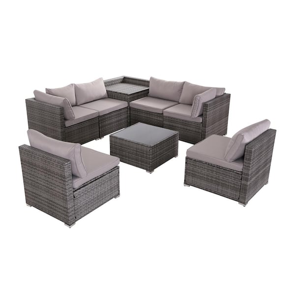 EPIPHANY DOUBLED INC 8-Piece Gray Wicker Outdoor Sofa Sectional Set with Gray Cushions, Glass Coffee Table and Corner Storage Box