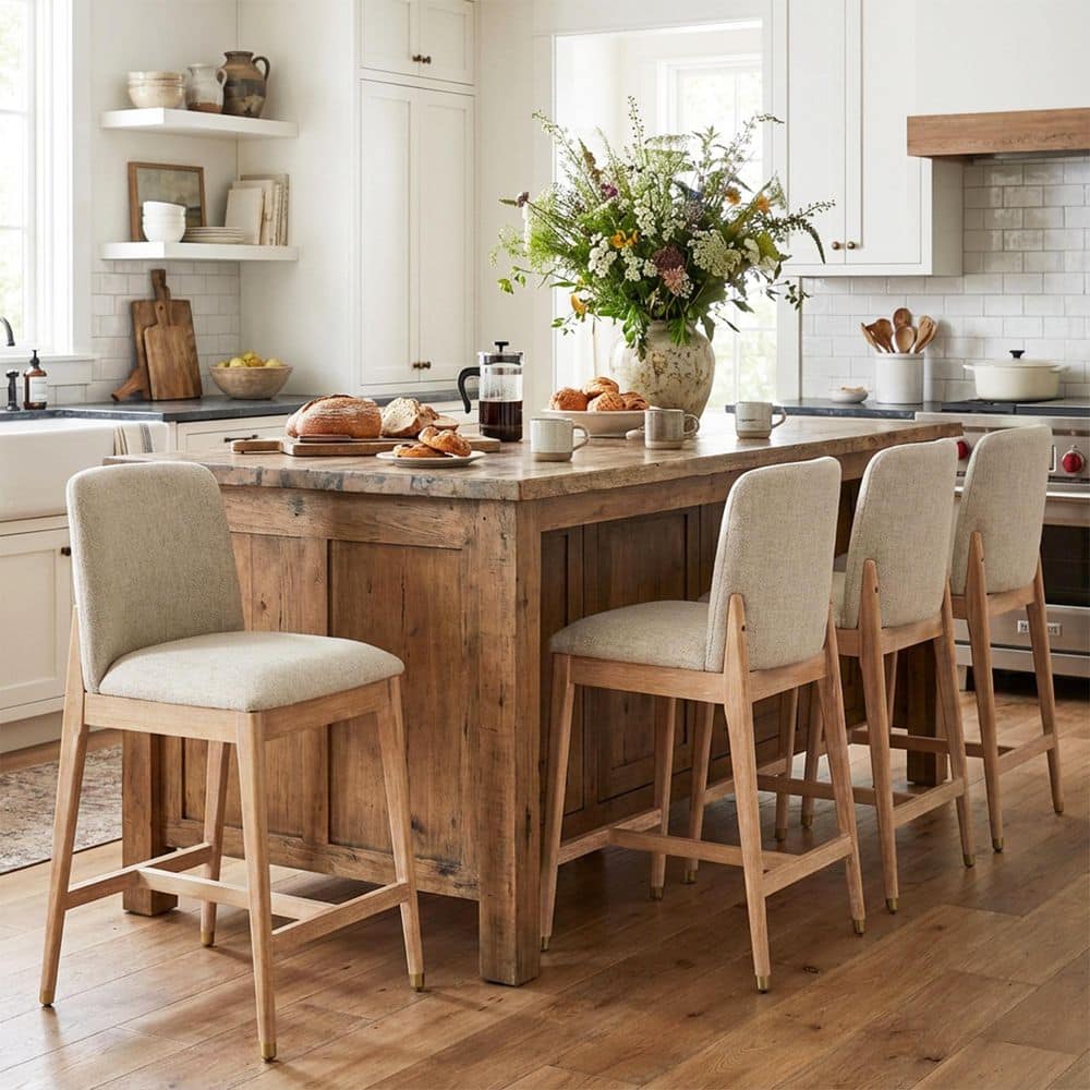 CHRISTOPHER KNIGHT HOME Averon Modern 38 in. H Natural Finish and Beige Polyester Upholstered Solid Wood Frame Counter Stools, (Set of 4) 173822