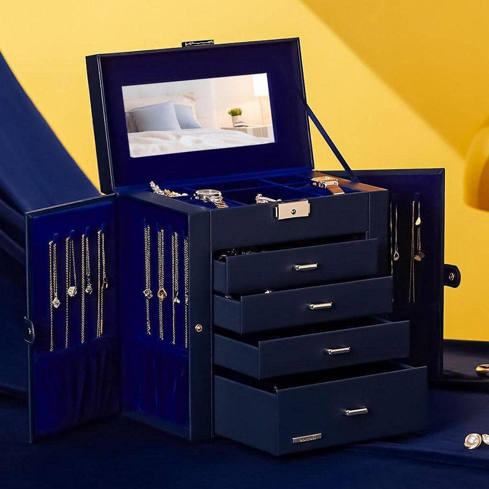 Dark Blue 10.4 in. x 11 in. Polyurethane Modern Jewelry Box with