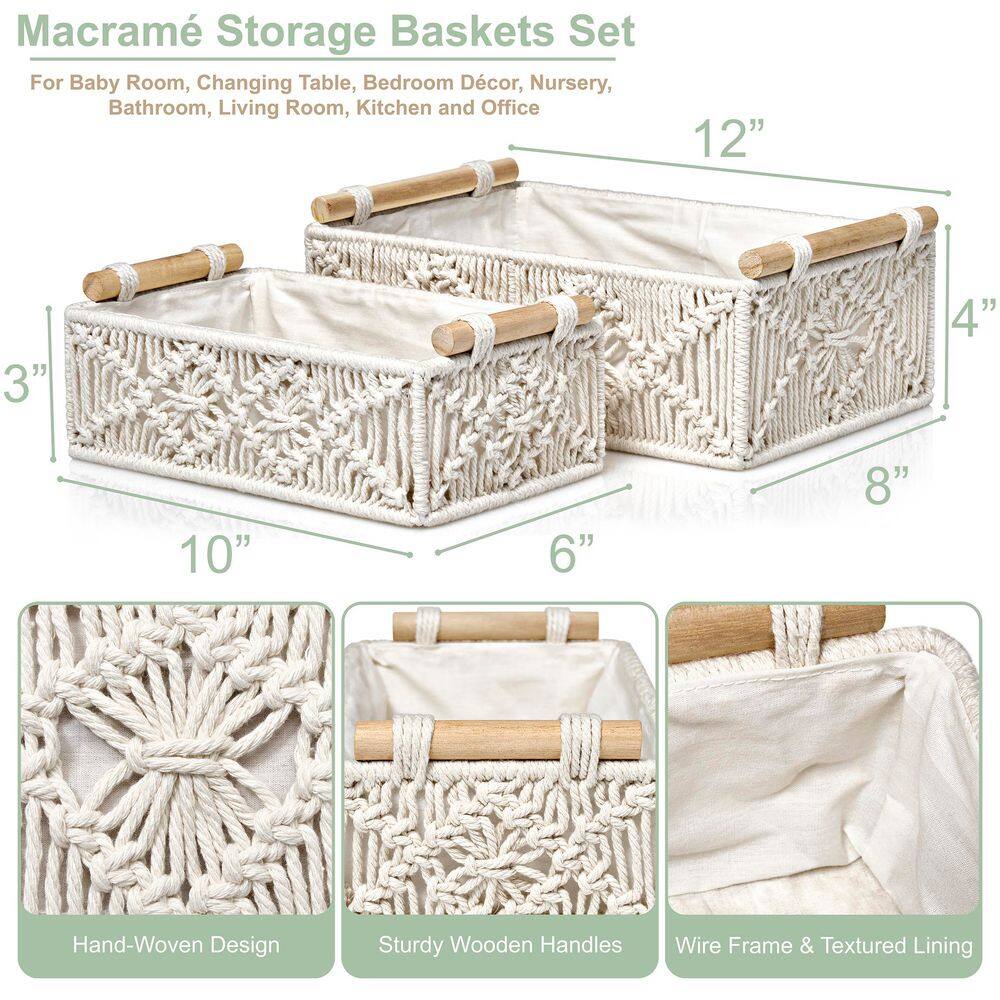 White Macrame Rectangular Fabric Storage Baskets Set