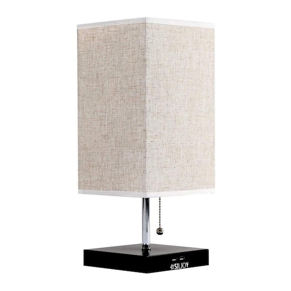 ANTOINE 6 in. Black Metal Small Desk Lamp with 2 USB Ports Bedside Lamps for Bedroom Nightstand Lamps w Oatmeal Shade 1 Light HD USB 01