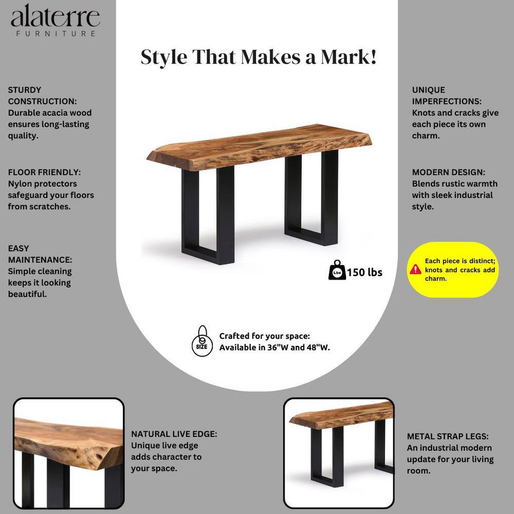Alpine Natural Acacia Wood Live Edge Bench with Metal Legs