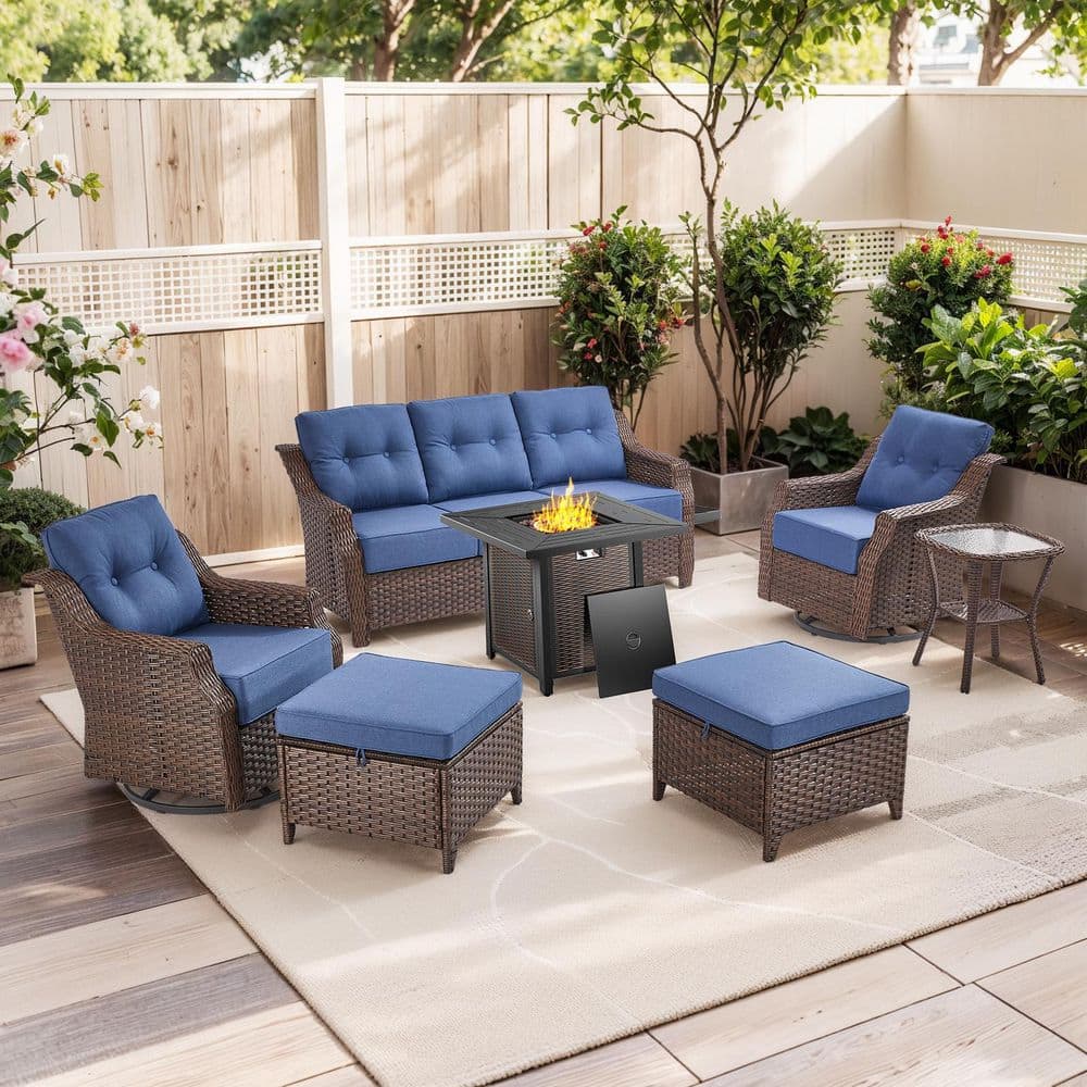 Arcus Brown 7-Piece Patio Fire Pit Conversation Furniture Set, Outdoor Swivel Glider Sofa Set with 6 in. Blue Cushions price history on PriceWatchPro