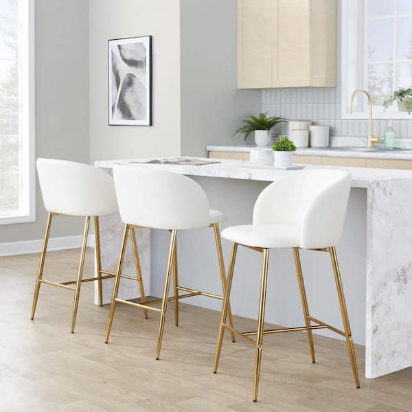 Fran 26 in. Gold Metal and White Faux Leather Fixed-Height Counter Stool (Set of 2)