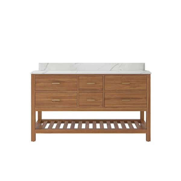 Willow Collections Parker Teak 60 in. W x 22 in. D x 36 in. H Double Sink Bath Vanity in Golden Teak with 1.5 in. Calcutta Laza Qt. Top