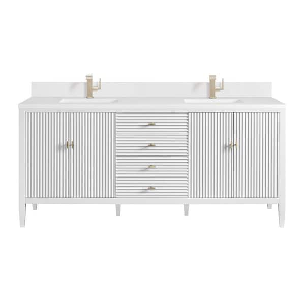 James Martin Vanities Myrrin 72.0 in. W x 23.5 in. D x 34.06 in. H Double Bathroom Vanity in Bright White with White Zeus Quartz Top
