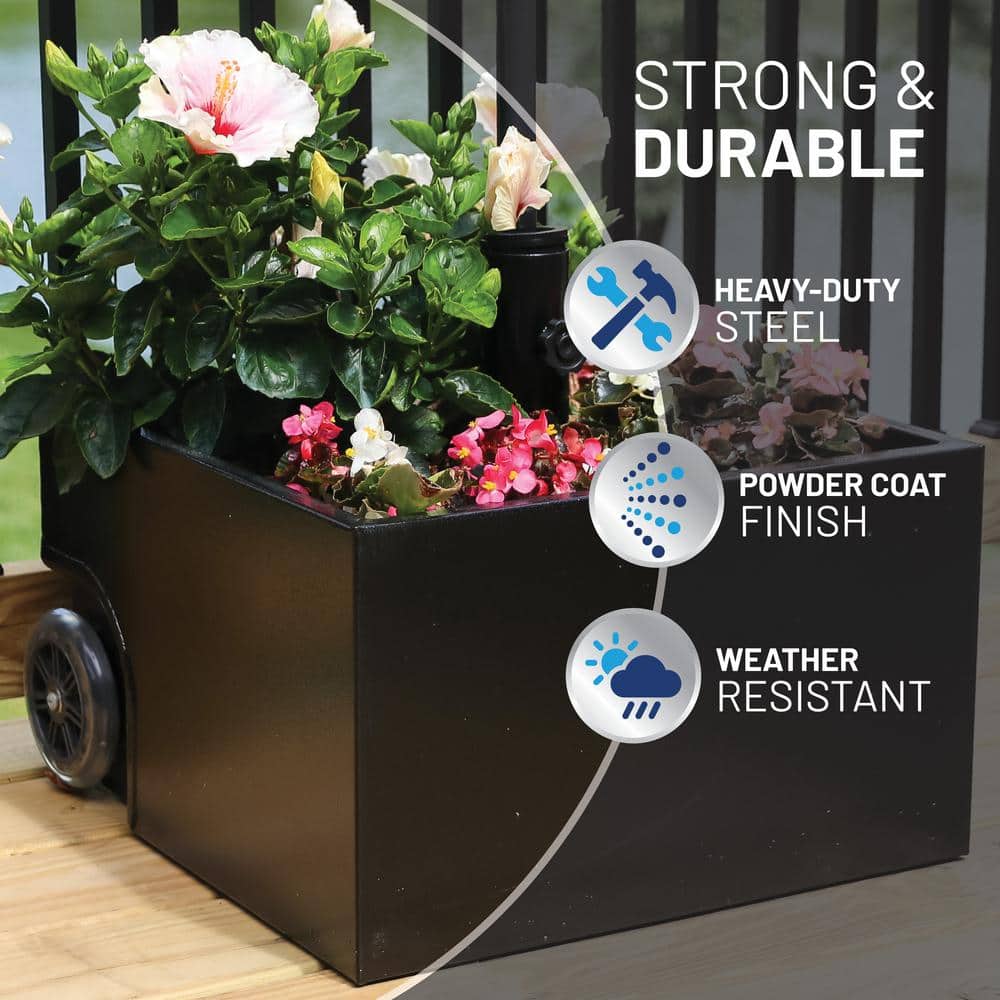 Black Steel Wheeled Umbrella Base Planter Box