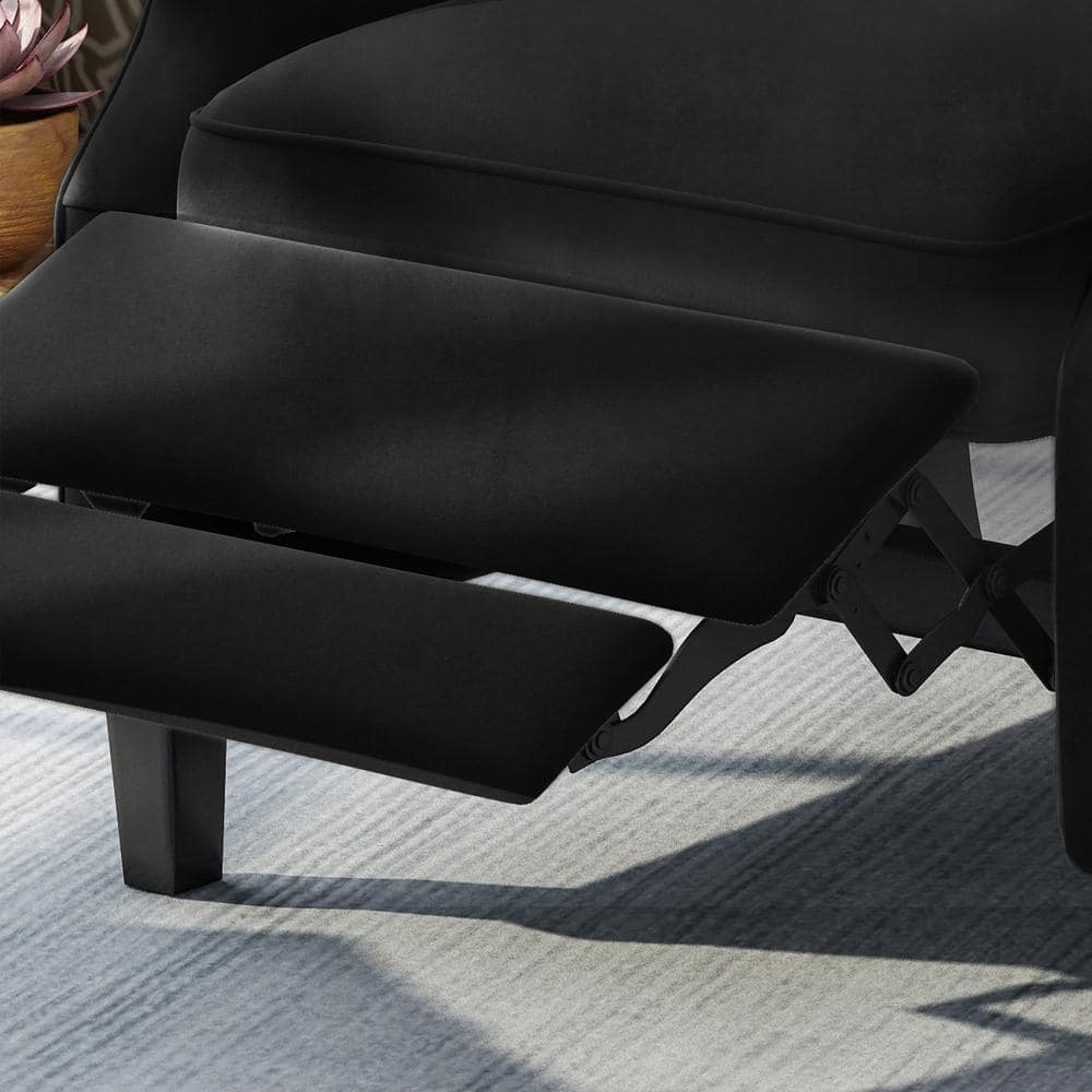 Handcrafted Black Velvet Wingback Recliner with Wood Legs