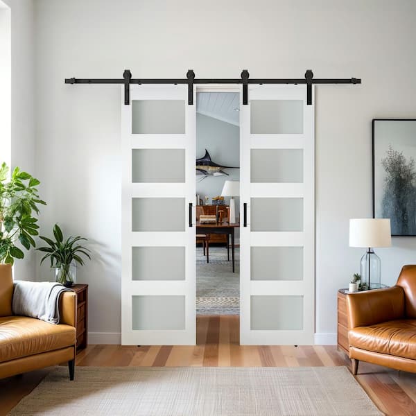 76 in. x 96 in. Double 38 in. 5-Lite Frosted Glass White Prefinished MDF Interior Sliding Barn Door with Hardware Kit