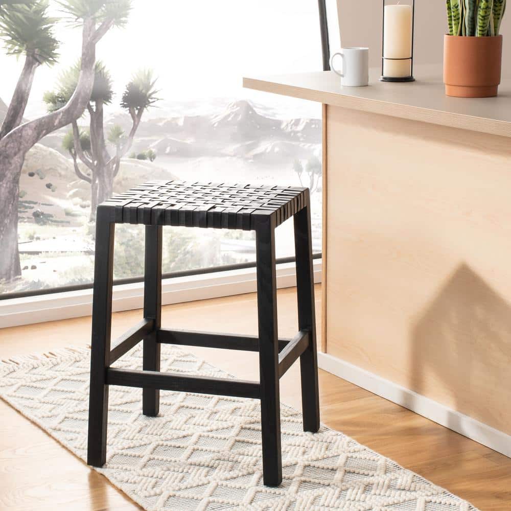 Transitional Capri Black Leather & Wood 27" Counter Stool