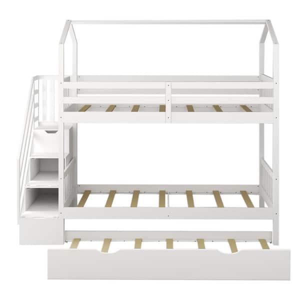 wetiny White Multifunctional Twin Over Twin House Bunk Bed with Staircase and Storage Space