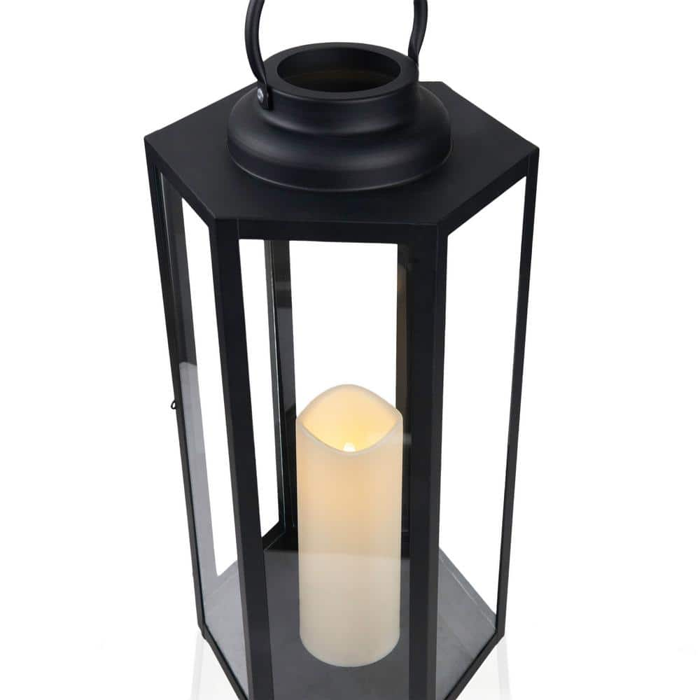 14 Hexagonal Candlelit Iron Lantern with LED Lights Black/White - Alpine Corporation